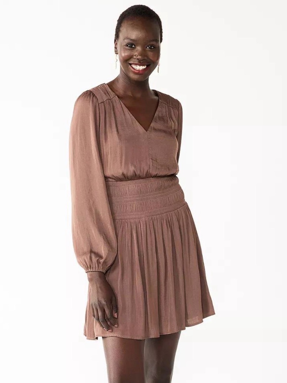 Nine West Taupe V-Neck Smocked Waist Long-Sleeve Mini Dress